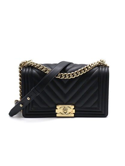 CHANEL Boy25 V紋粒面牛皮口蓋包 - 黑淡金25開