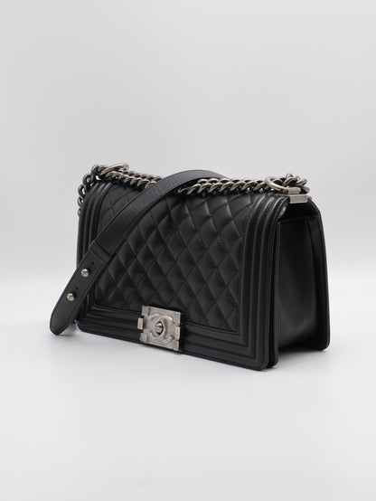 CHANEL Boy25 粒面牛皮口蓋包 - 黑銀