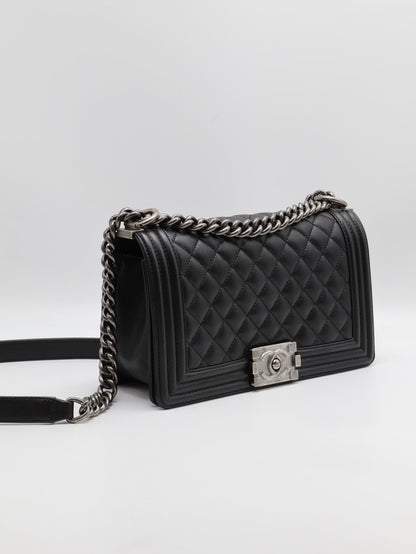 CHANEL Boy25 粒面牛皮口蓋包 - 黑銀