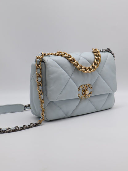 CHANEL 19 Bag 菱格紋羊皮手提肩背包 26 - 寶寶藍金