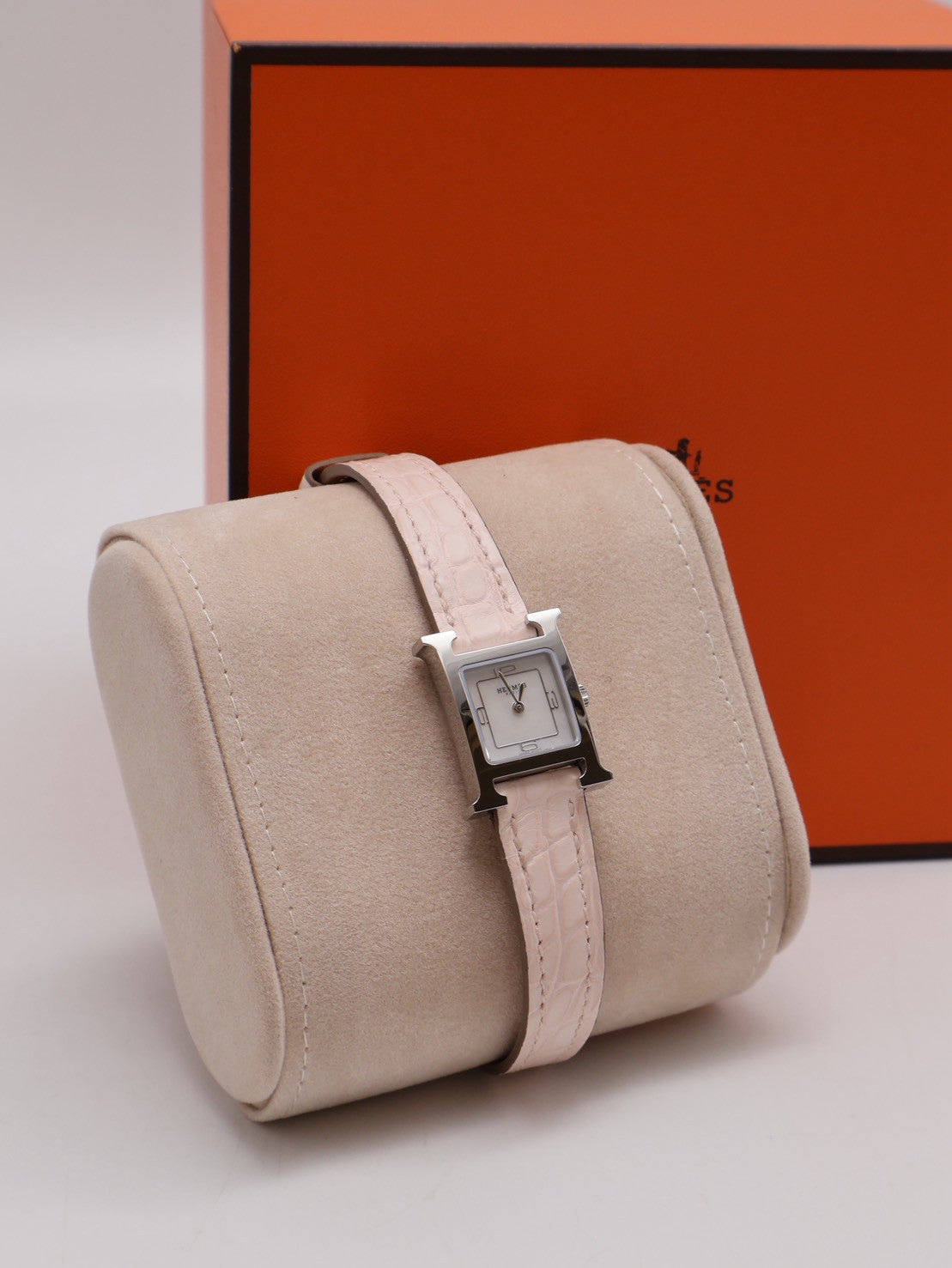 HERMES Heure H腕錶 - 21 鱷魚皮錶帶薔薇粉銀 K