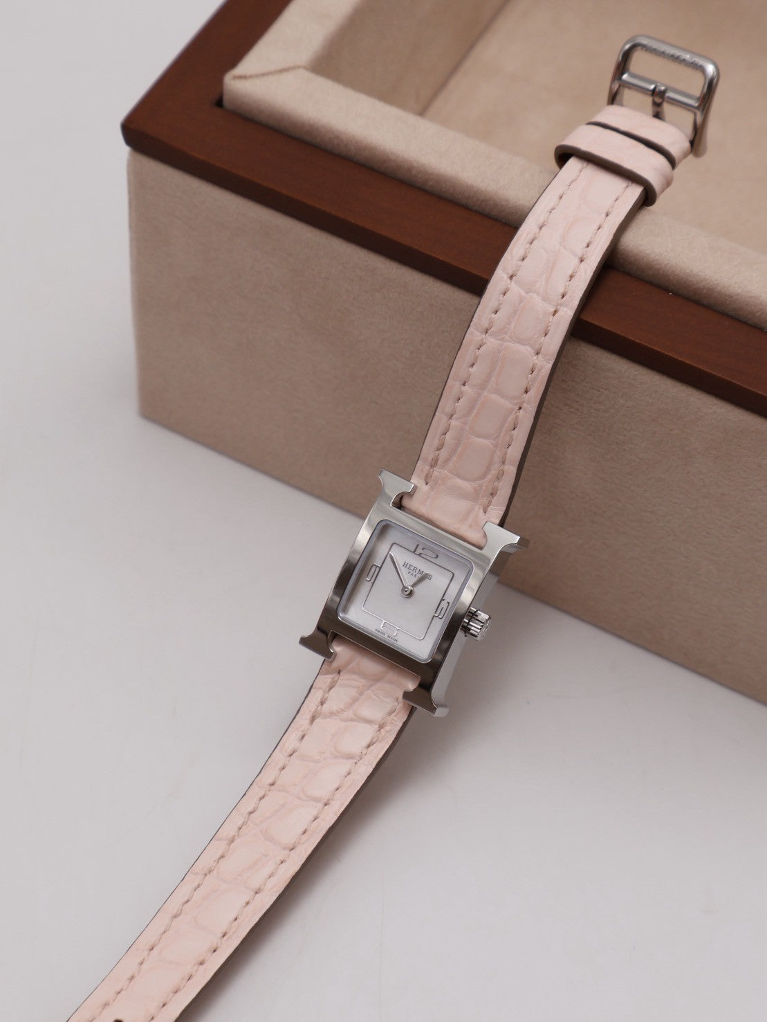 HERMES Heure H腕錶 - 21 鱷魚皮錶帶薔薇粉銀 K