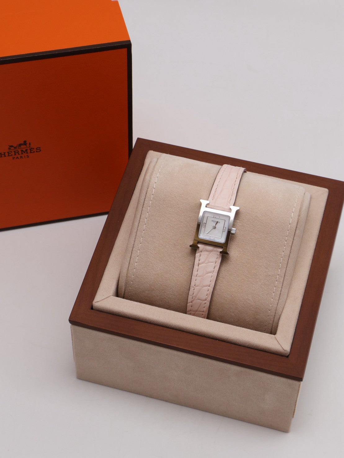 HERMES Heure H腕錶 - 21 鱷魚皮錶帶薔薇粉銀 K