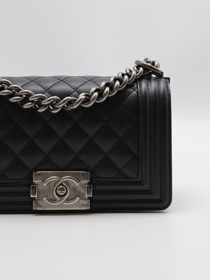 CHANEL Boy20 粒面牛皮口蓋包 - 黑銀