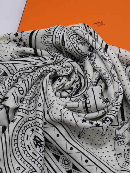 HERMES Cheval de Coeur Bandana披肩 140 - 黑白