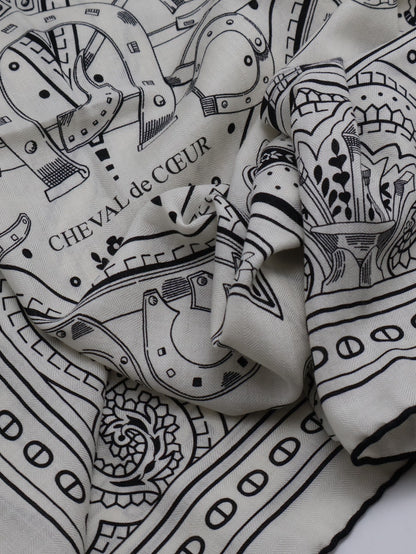 HERMES Cheval de Coeur Bandana披肩 140 - 黑白