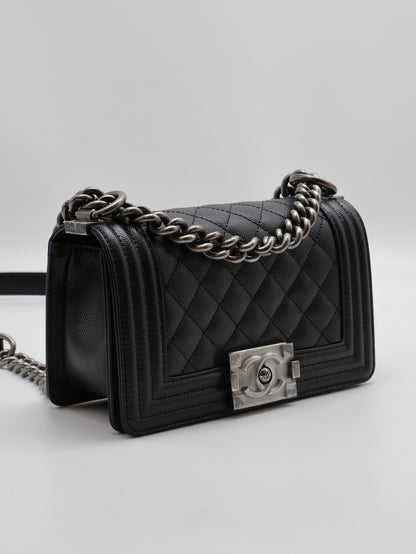 CHANEL Boy20 粒面牛皮口蓋包 - 黑銀