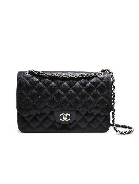 CHANEL 經典口蓋包Jumbo CF30 - 粒面牛皮黑銀19開