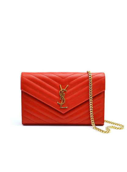 YSL 經典V紋粒面牛皮woc - 紅金