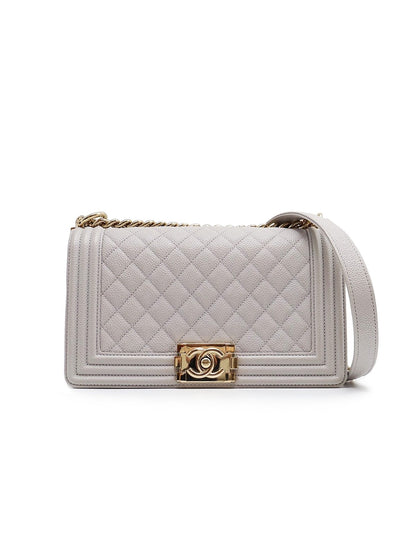 CHANEL Boy25 粒面牛皮口蓋包- 灰金29開