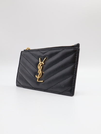 YSL Cassandre matelasse V字絎縫拉鍊卡包 - 黑金