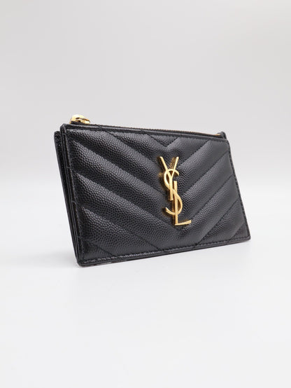 YSL Cassandre matelasse V字絎縫拉鍊卡包 - 黑金