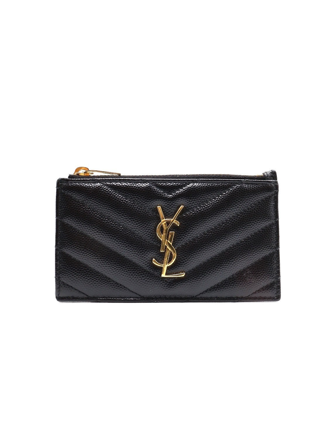 YSL Cassandre matelasse V字絎縫拉鍊卡包 - 黑金