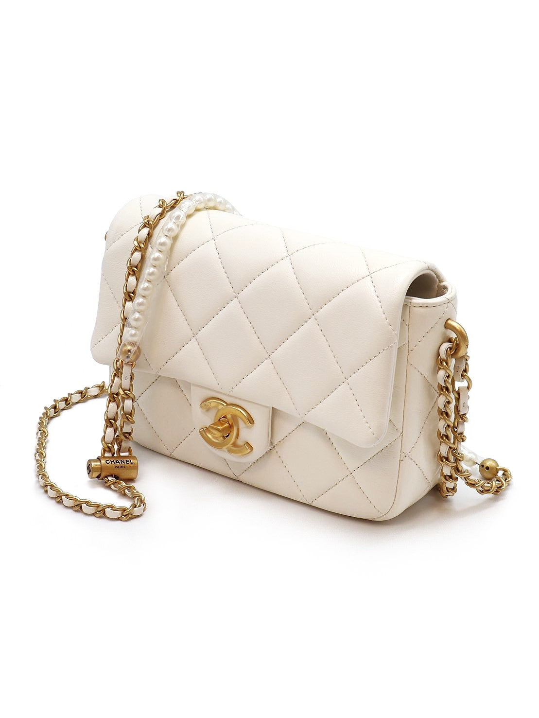 CHANEL 21K風衣釦珍珠鍊方胖子 - 白金