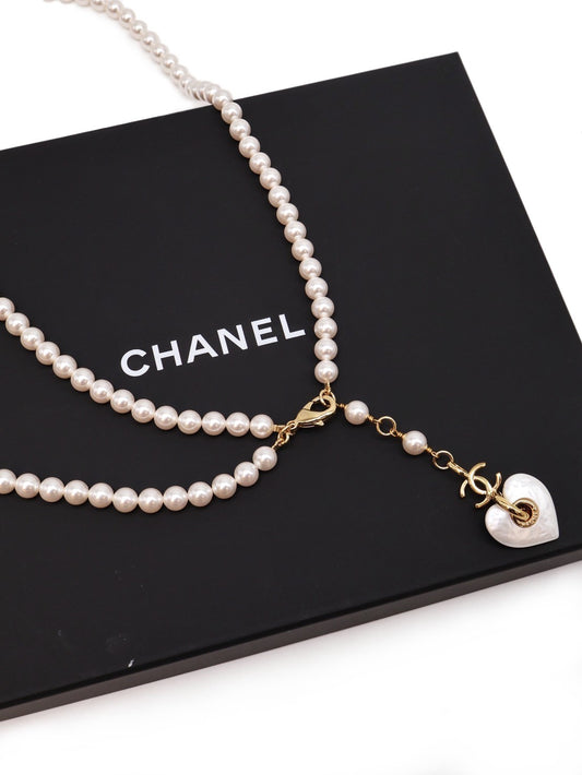 CHANEL 24B雙層珍珠愛心墜飾腰鍊