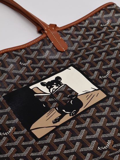 GOYARD 經典亞麻帆布Tote手繪狗狗版 - 小號棕