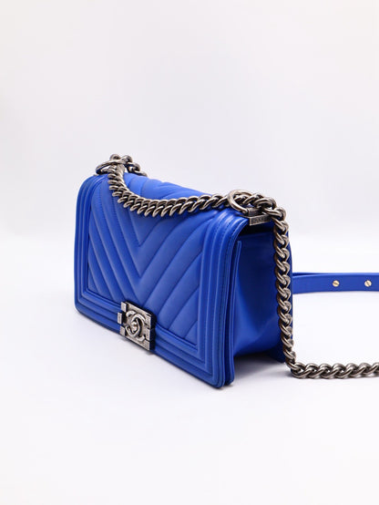 CHANEL Boy25 V紋口蓋包 - 寶藍銀22開