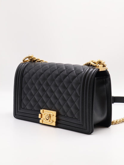 CHANEL Boy25粒面牛皮口蓋包 - 黑金