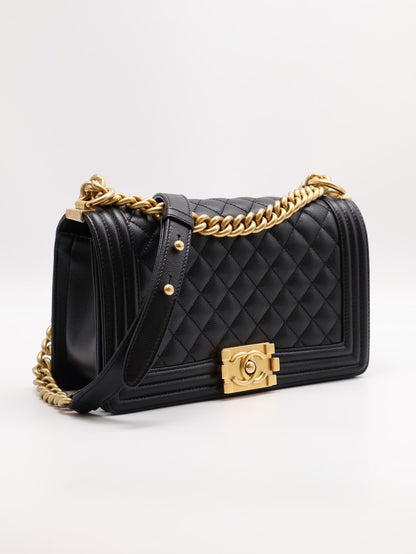 CHANEL Boy25粒面牛皮口蓋包 - 黑金