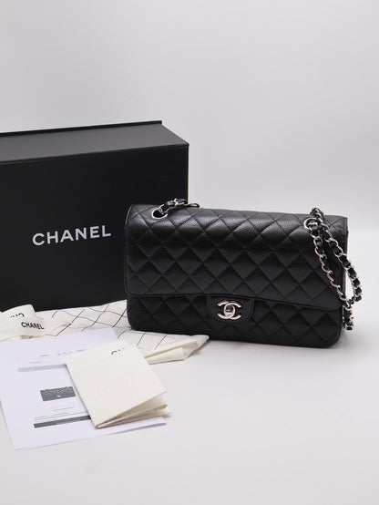 CHANEL 經典口蓋包 CF25 - 粒面牛皮黑銀