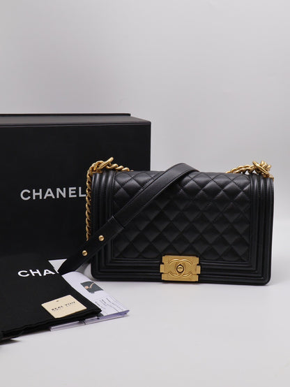 CHANEL Boy25粒面牛皮口蓋包 - 黑金