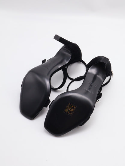 HERMES Liv 90 天鵝絨高跟涼鞋 - 黑銀 38