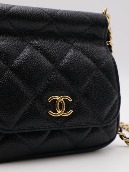 CHANEL 22K粒面牛皮斜背小包 - 黑金
