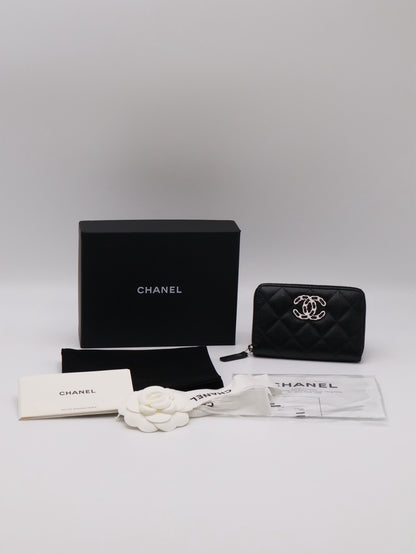 CHANEL 24C 19 粒面牛皮拉鍊夾層零錢包 - 黑白