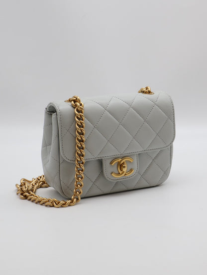 CHANEL 23S雙鍊單肩方胖 - 淺灰藍金