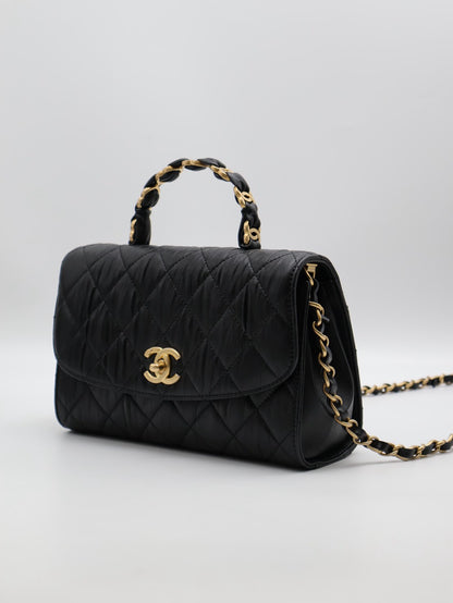 CHANEL 褶皺小羊皮手提斜背包 - 黑金31開