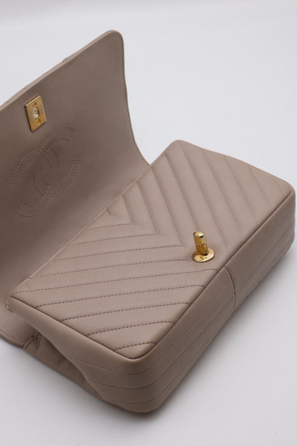 CHANEL V紋牛皮單肩包 - 米灰24開