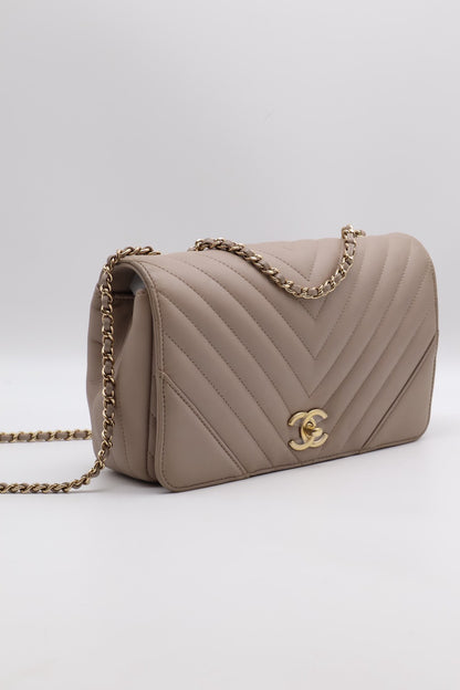 CHANEL V紋牛皮單肩包 - 米灰24開