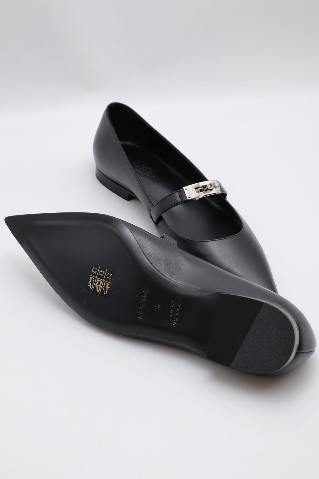 HERMES Kelly尖頭芭蕾舞鞋 - 黑銀 38