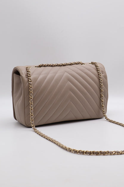 CHANEL V紋牛皮單肩包 - 米灰24開