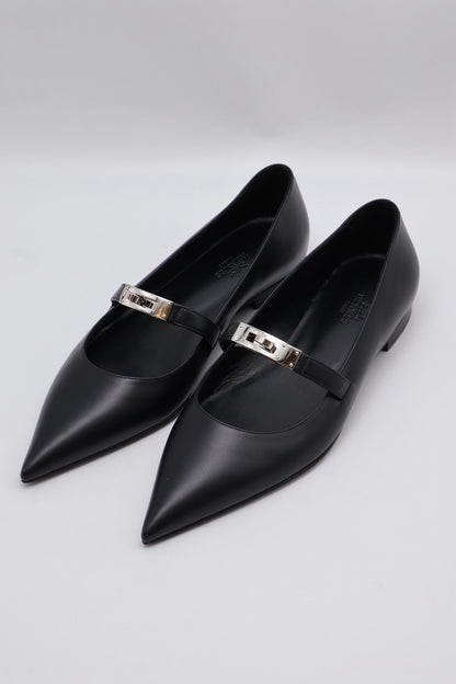 HERMES Kelly尖頭芭蕾舞鞋 - 黑銀 38