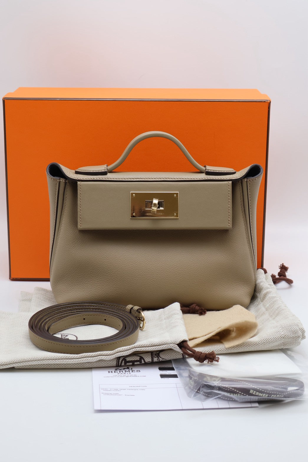 HERMES Mini 24/24 - Beige Marfa/Gris Misty 馬爾法米拚霧霾灰香檳金 W