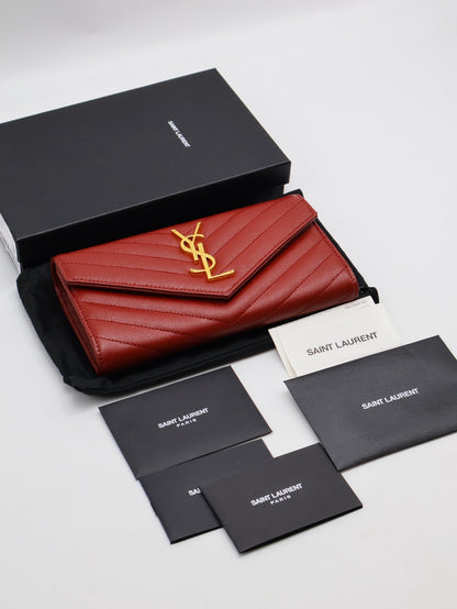 YSL 經典V紋粒面牛皮長夾 - 紅金