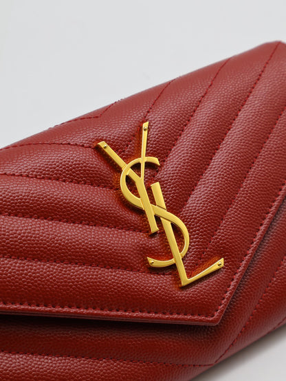 YSL 經典V紋粒面牛皮長夾 - 紅金