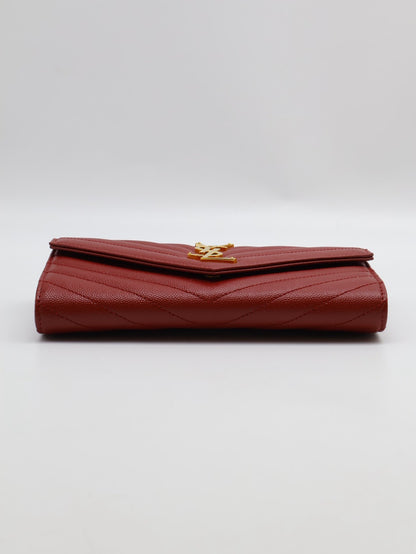 YSL 經典V紋粒面牛皮長夾 - 紅金