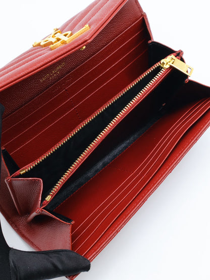 YSL 經典V紋粒面牛皮長夾 - 紅金