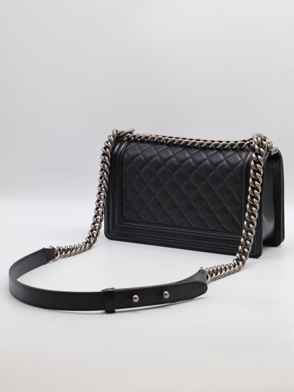 CHANEL Boy25 粒面牛皮口蓋包 - 黑銀26開