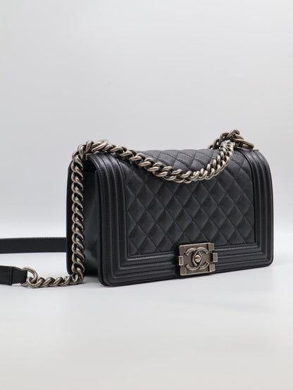 CHANEL Boy25 粒面牛皮口蓋包 - 黑銀26開