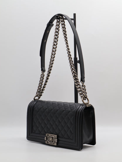 CHANEL Boy25 粒面牛皮口蓋包 - 黑銀26開