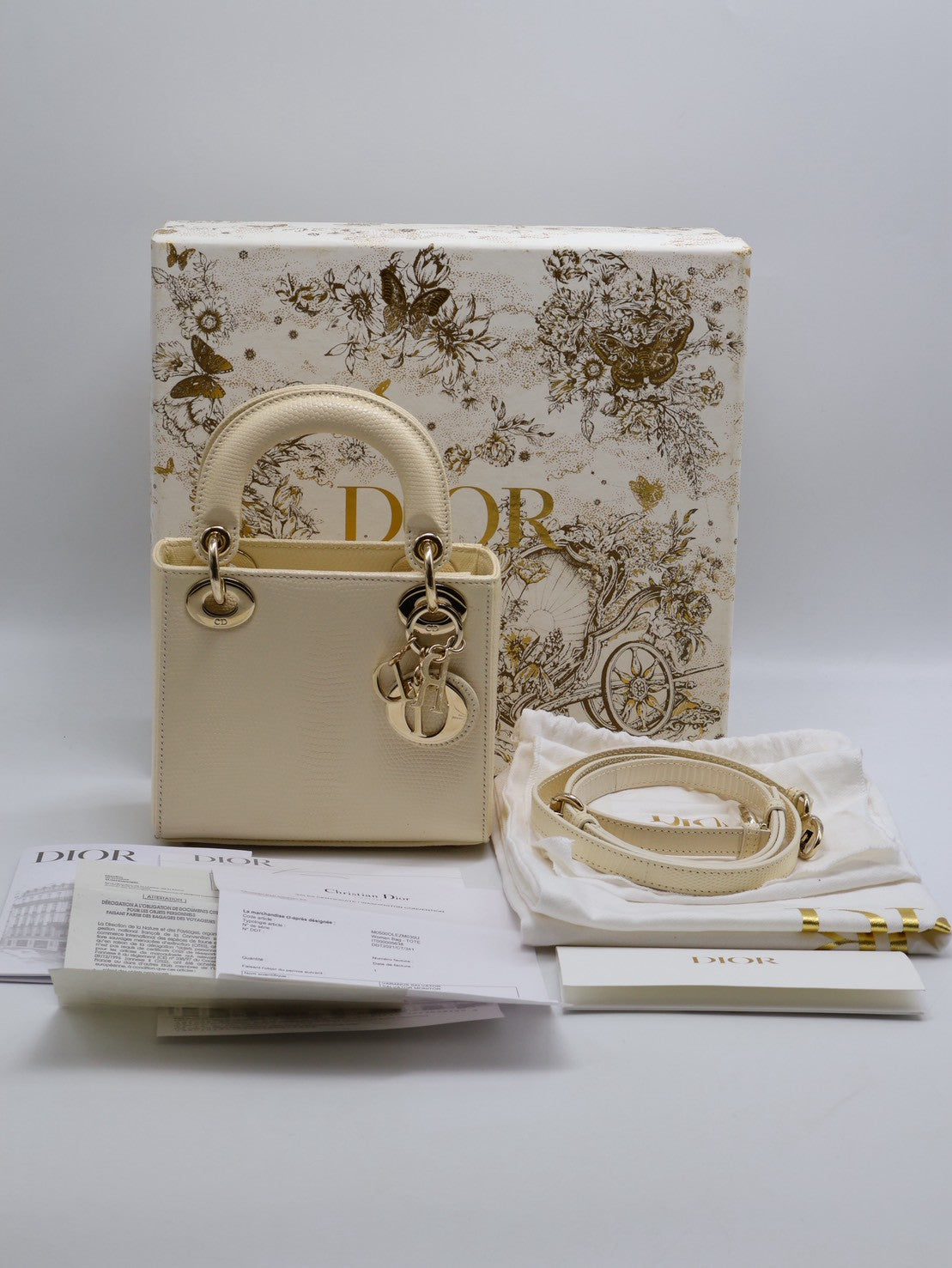 DIOR Lady Dior蜥蜴皮戴妃包 - Mini米白金