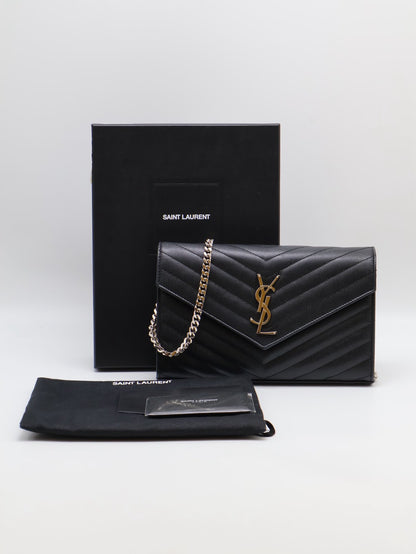 YSL 經典V紋粒面牛皮WOC - 22 黑銀