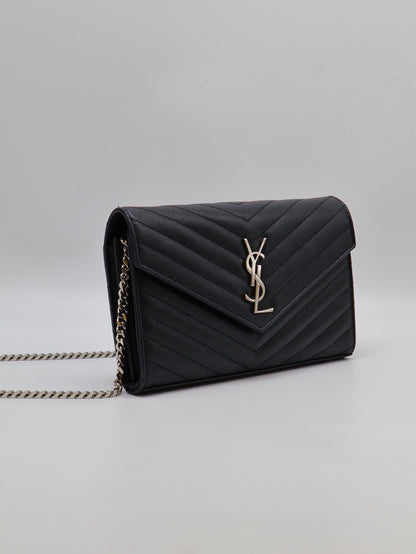 YSL 經典V紋粒面牛皮WOC - 22 黑銀