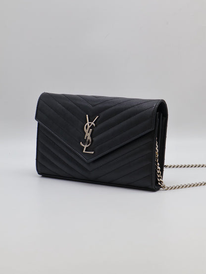 YSL 經典V紋粒面牛皮WOC - 22 黑銀