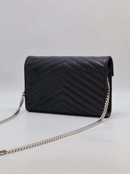 YSL 經典V紋粒面牛皮WOC - 22 黑銀