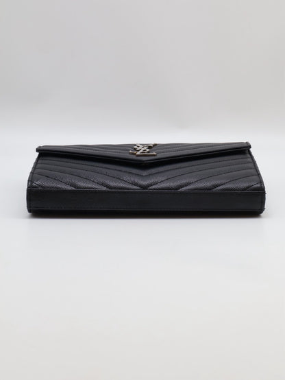 YSL 經典V紋粒面牛皮WOC - 22 黑銀