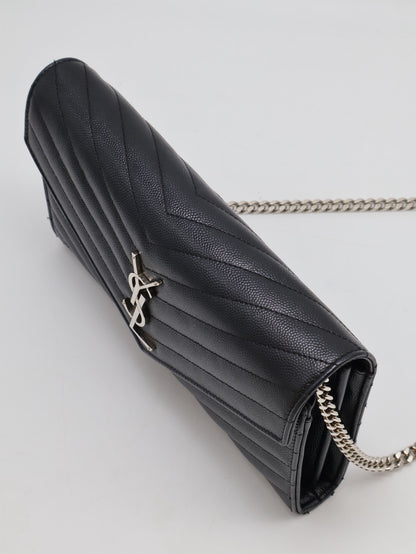 YSL 經典V紋粒面牛皮WOC - 22 黑銀